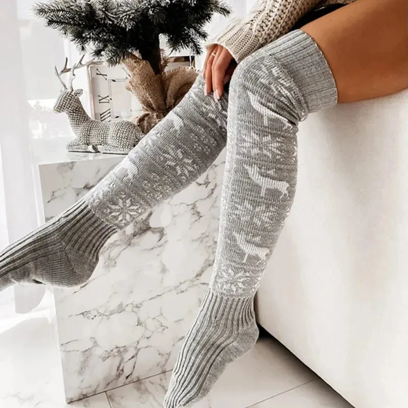 Elk Snowflake Jacquard Over-the-knee Casual Long Socks