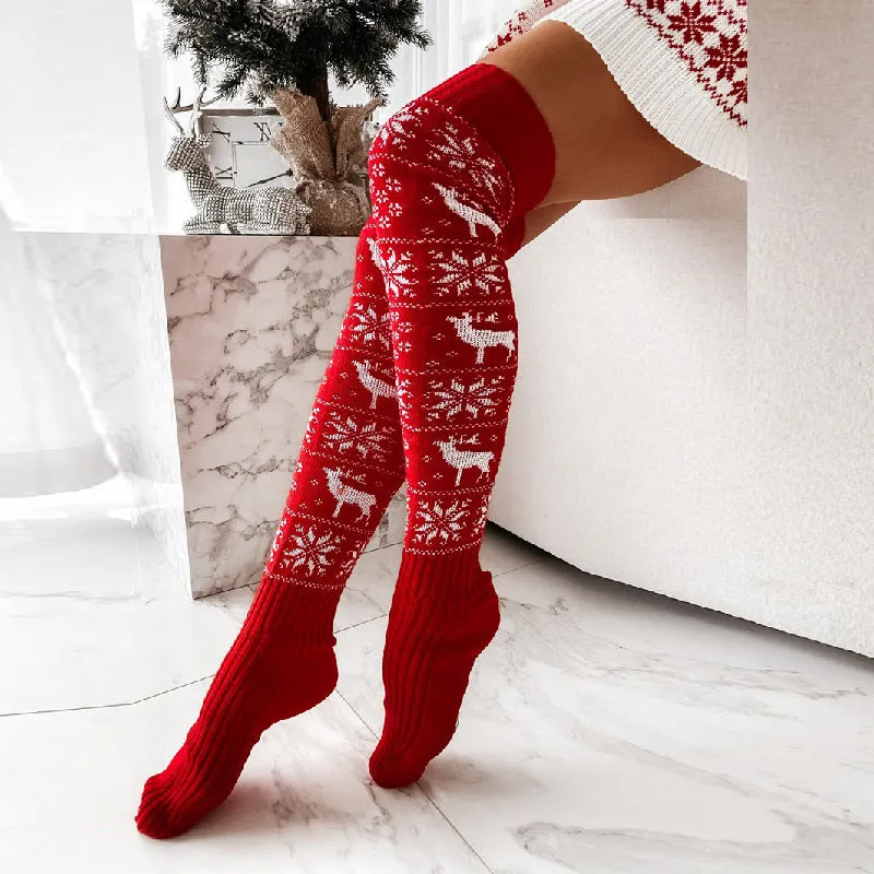 Elk Snowflake Jacquard Over-the-knee Casual Long Socks