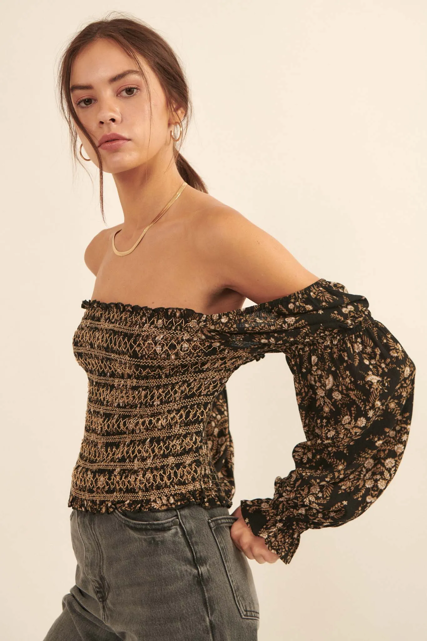 Exotic Winds Smocked Floral Peasant Top