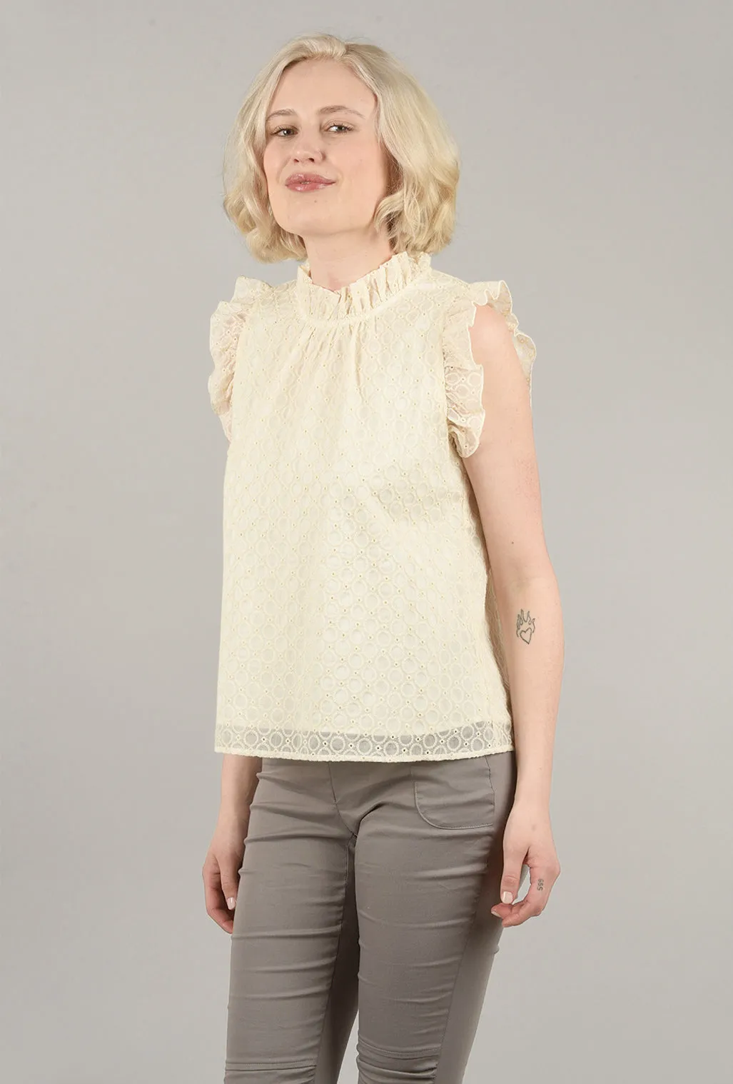 Eyelet Ruffle Top, Cream