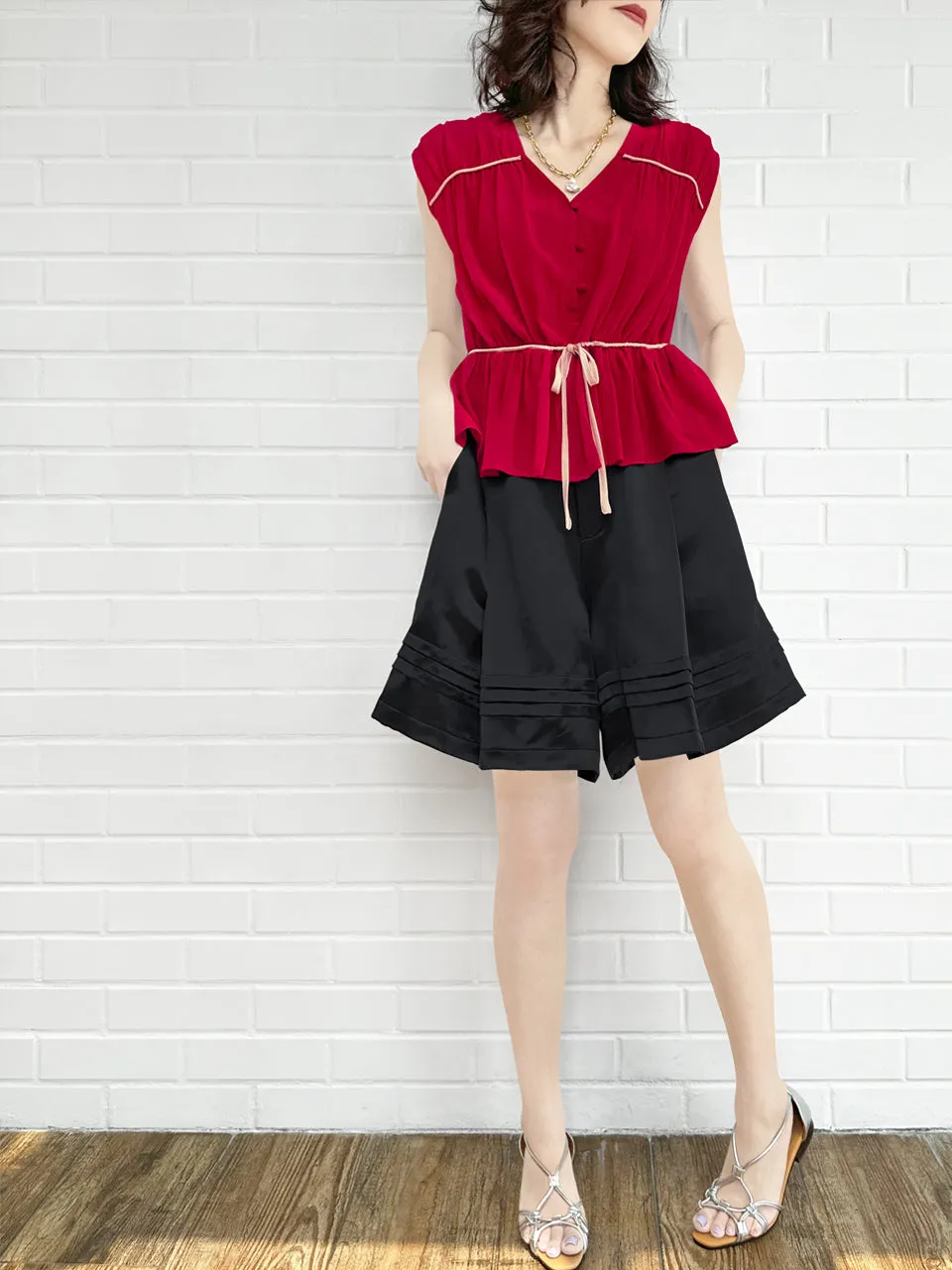 Final Sale! Lipstick Red Ruched Drawstring Waist Silk Blouse