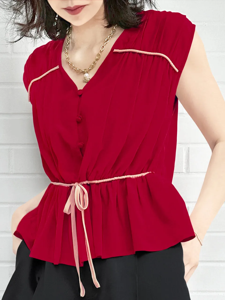 Final Sale! Lipstick Red Ruched Drawstring Waist Silk Blouse