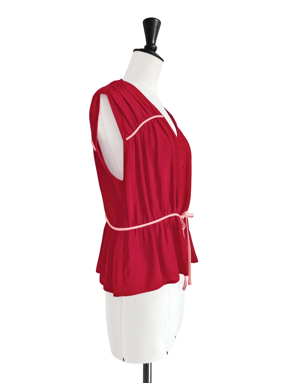 Final Sale! Lipstick Red Ruched Drawstring Waist Silk Blouse