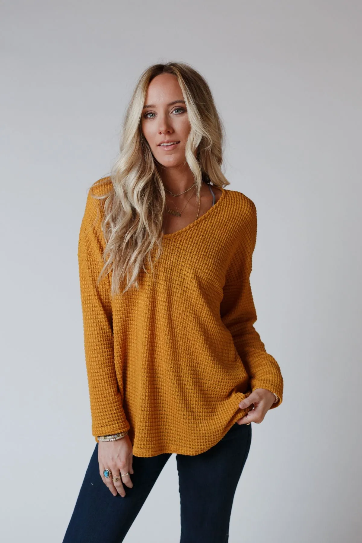 Flattering Open Back Thermal Knit Top - Mustard