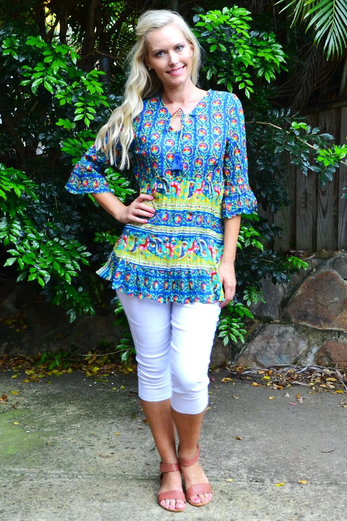 Floral Lantern Ruffle Sleeve Tunic Top