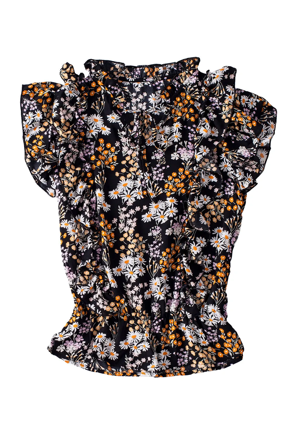 Floral Print Ruffle Drawstring V Neck Blouse