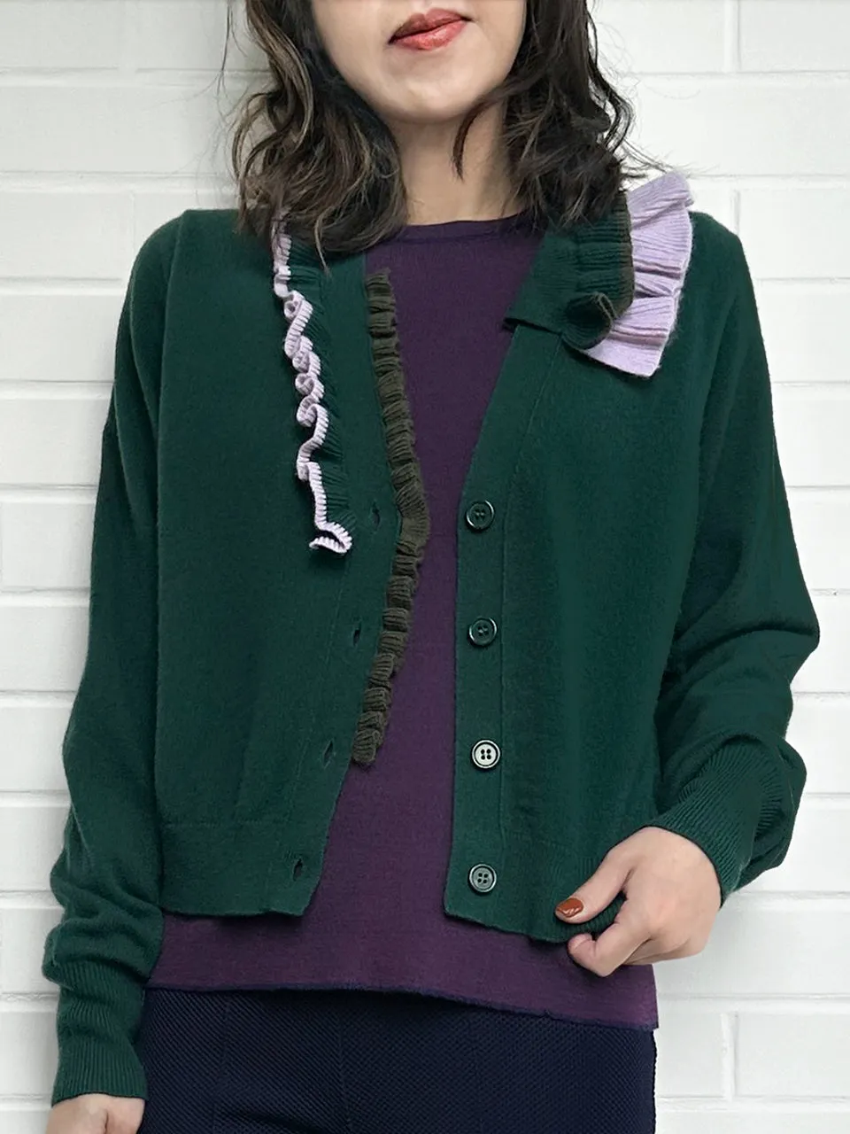 Forest Green Ruffles Collar Boxy V-Neck Woollen Cashmere Cardigan