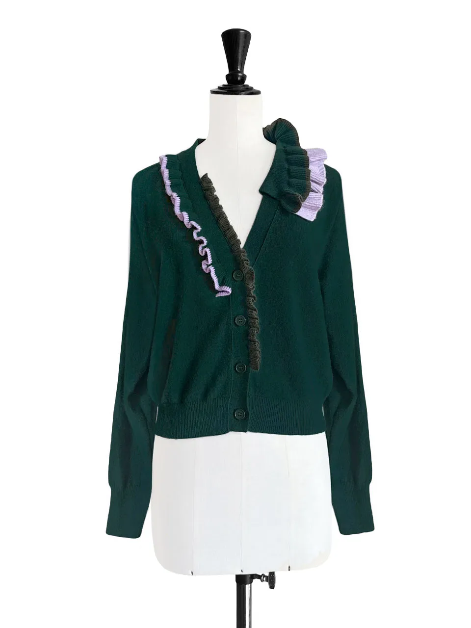 Forest Green Ruffles Collar Boxy V-Neck Woollen Cashmere Cardigan