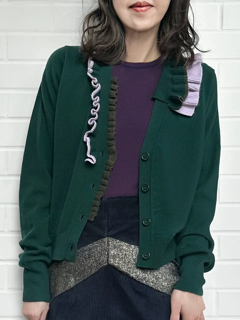 Forest Green Ruffles Collar Boxy V-Neck Woollen Cashmere Cardigan