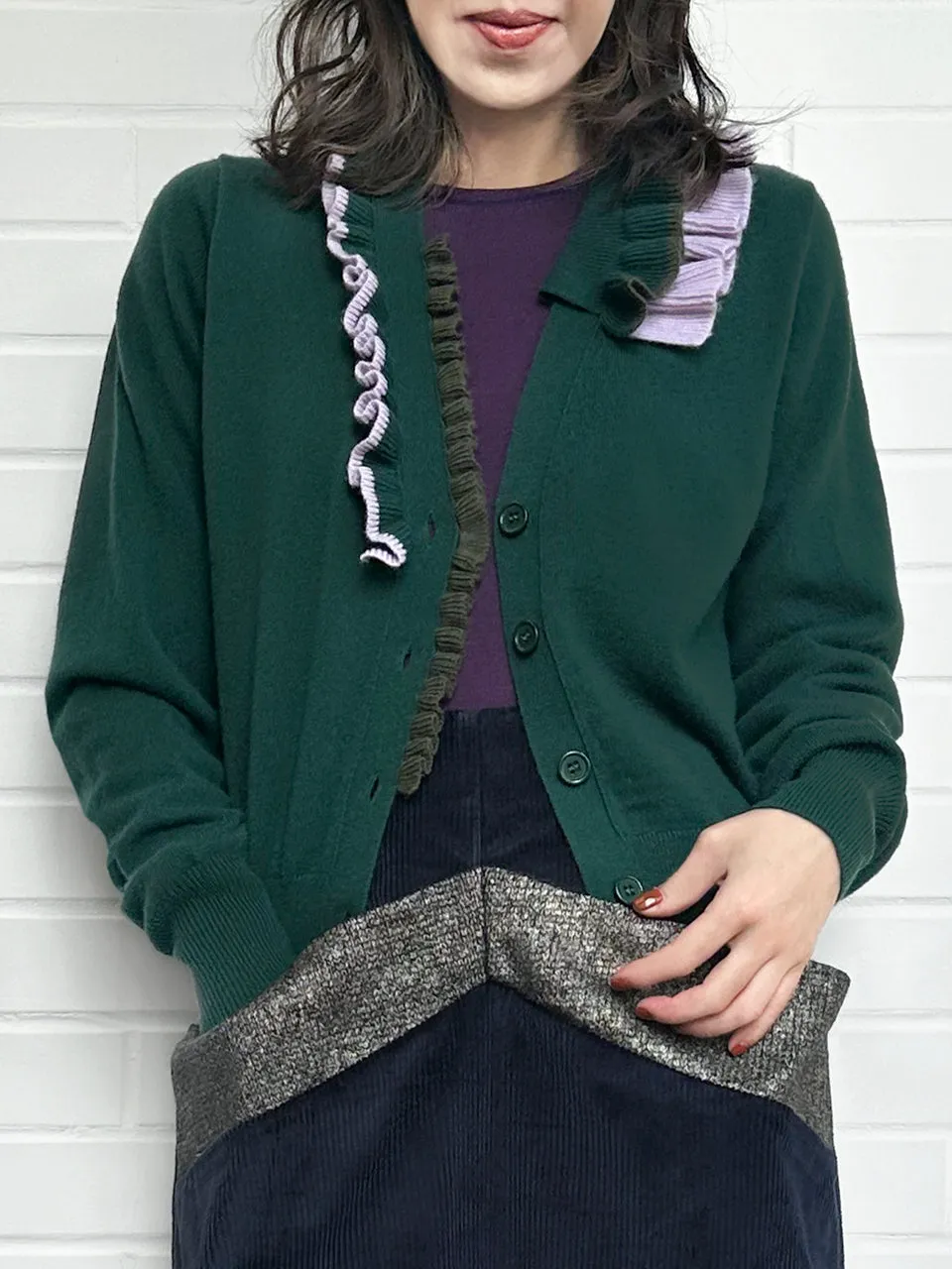 Forest Green Ruffles Collar Boxy V-Neck Woollen Cashmere Cardigan