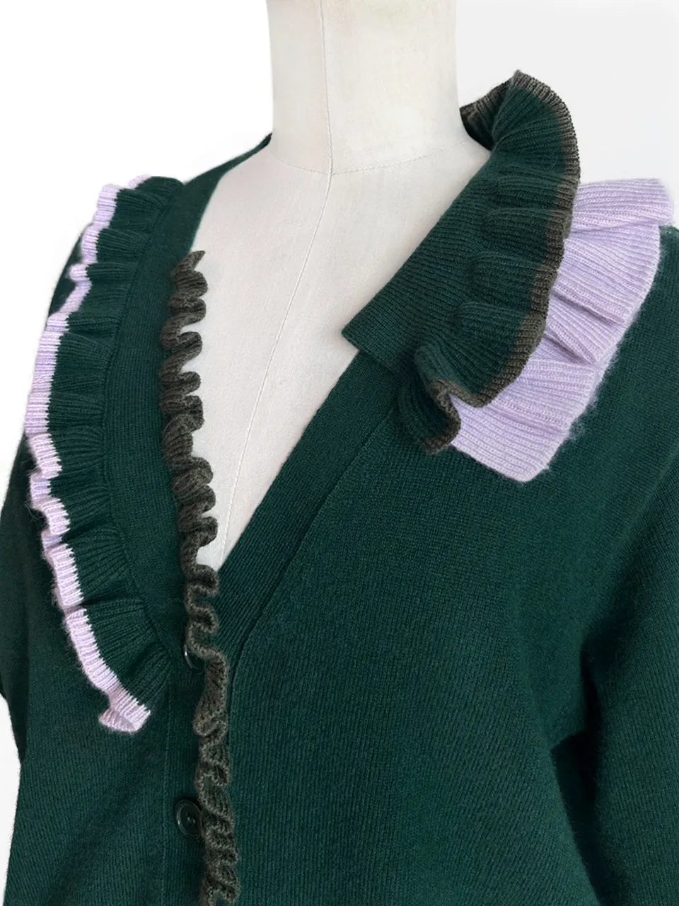 Forest Green Ruffles Collar Boxy V-Neck Woollen Cashmere Cardigan