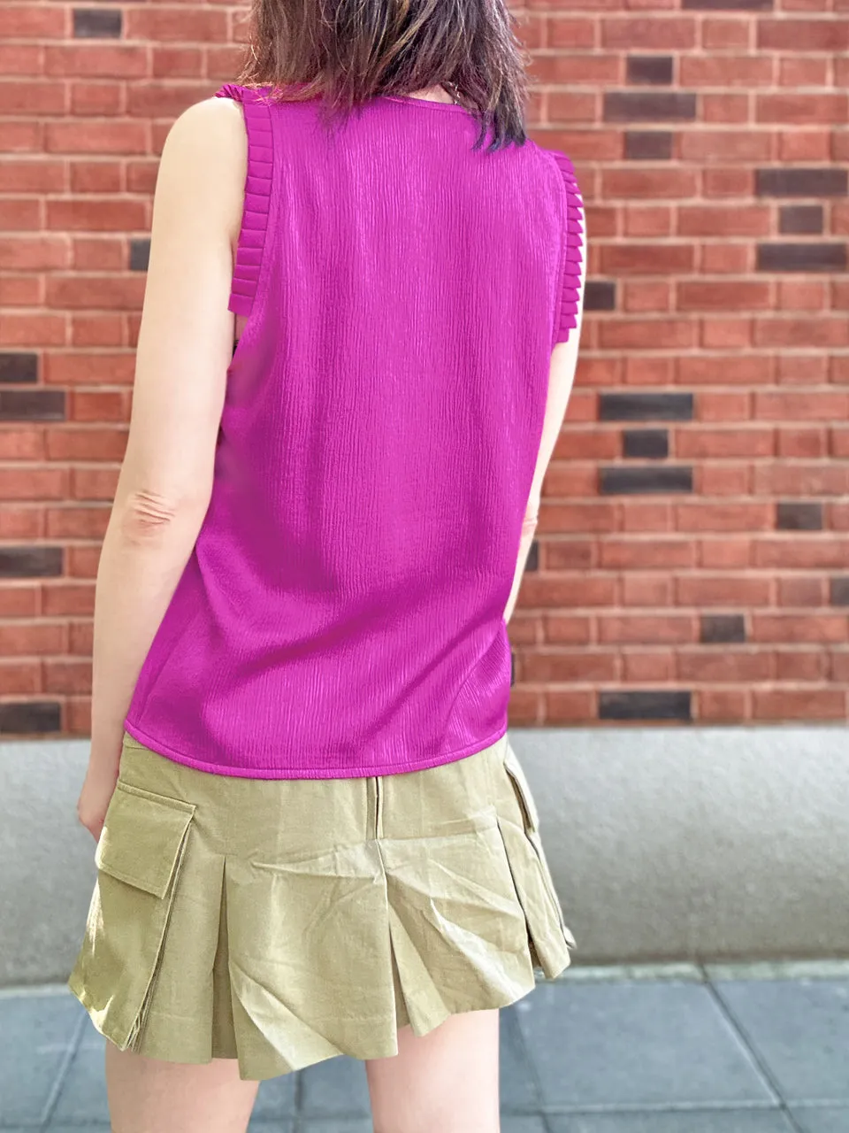 Fuchsia Pleated Ruffle Shoulder Textured Silk Tank