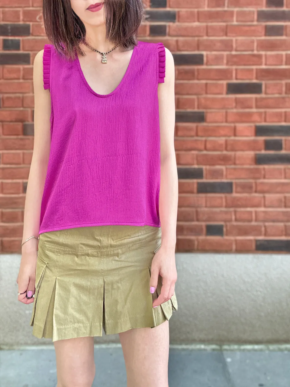 Fuchsia Pleated Ruffle Shoulder Textured Silk Tank