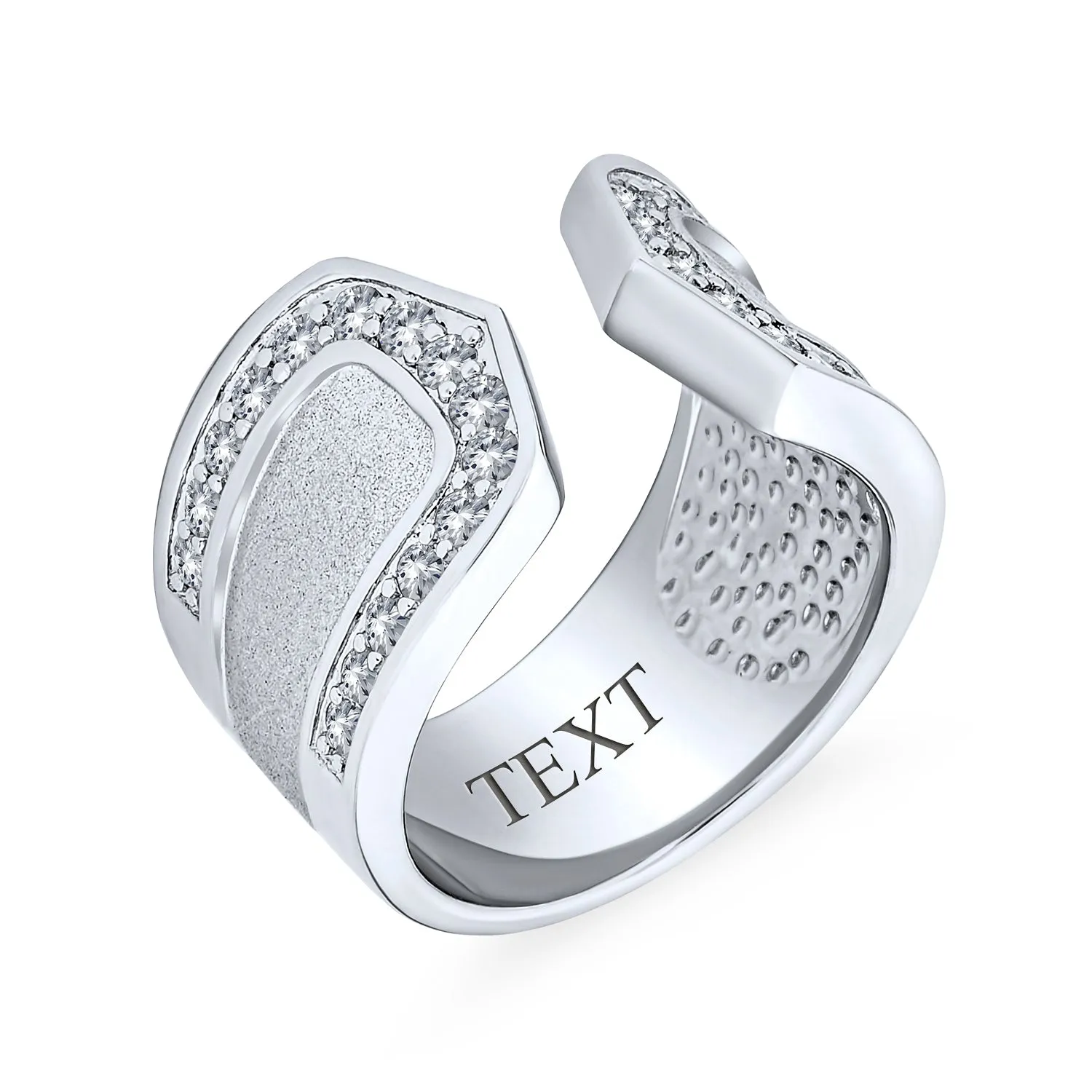 Geometric Pave CZ Wide Hammered Band Ring Matte Finish Silver Gold Plated Brass