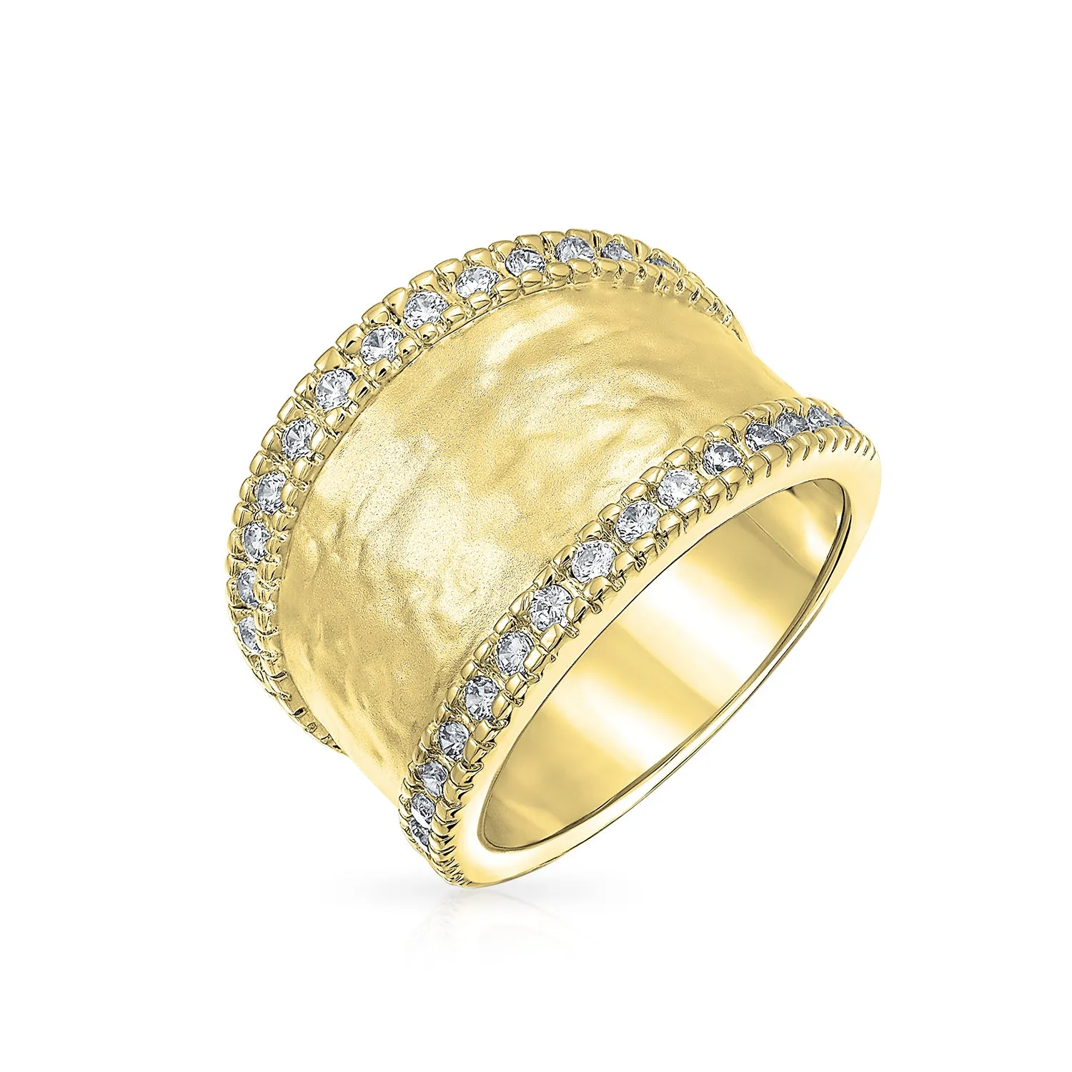 Geometric Pave CZ Wide Hammered Band Ring Matte Finish Silver Gold Plated Brass