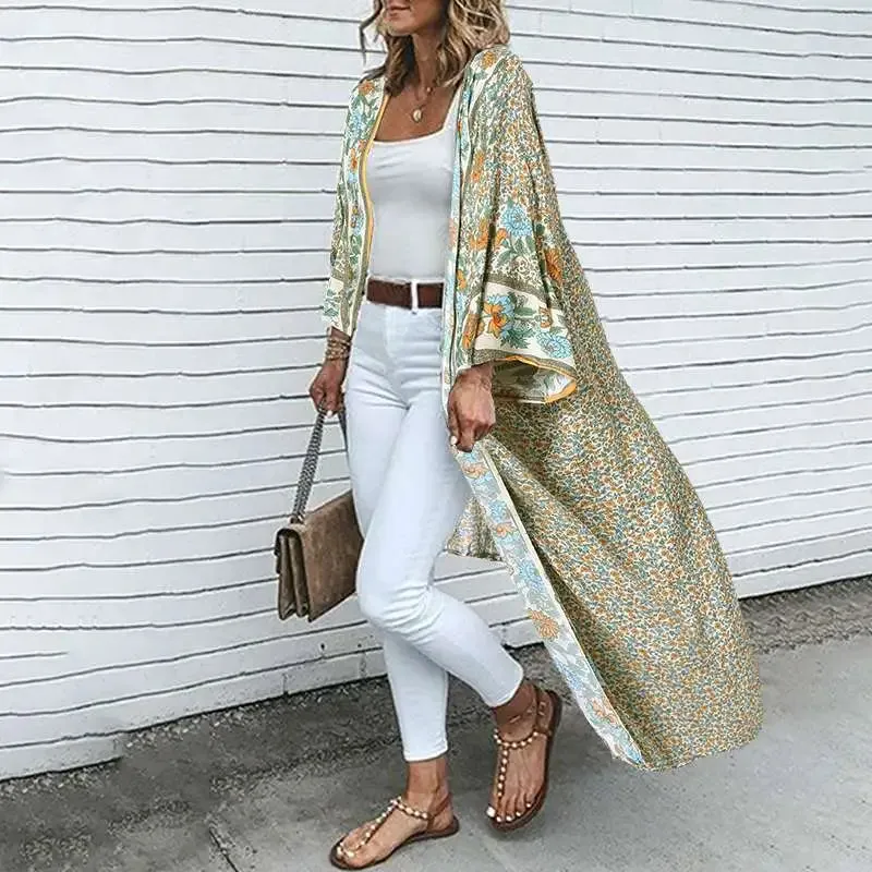 Getadme Fashion Vintage Long Sleeve Blouse Bohemian Women Summer Cardigan Beach Holiday Shirt Long Tops Floral Print Kimono