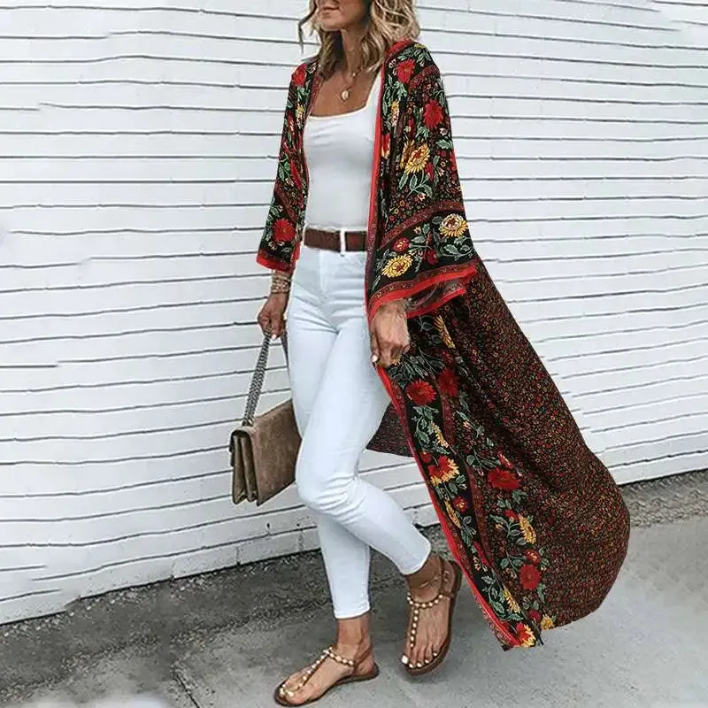 Getadme Fashion Vintage Long Sleeve Blouse Bohemian Women Summer Cardigan Beach Holiday Shirt Long Tops Floral Print Kimono