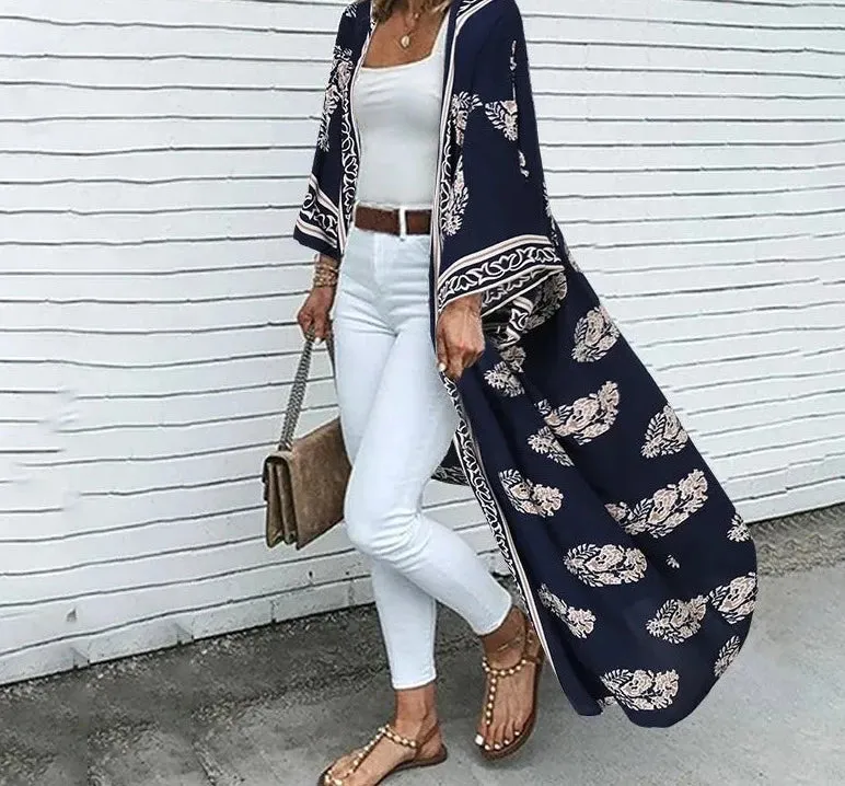 Getadme Fashion Vintage Long Sleeve Blouse Bohemian Women Summer Cardigan Beach Holiday Shirt Long Tops Floral Print Kimono