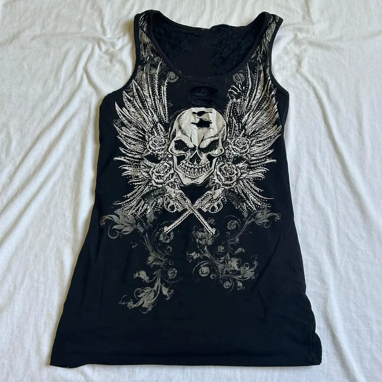 Getadme Grunge Y2K Graphic Sleeveless Vest 00s Skull Wing Print Tank Tops Japanese Emo Lace Backless Crop Top Women Clothes