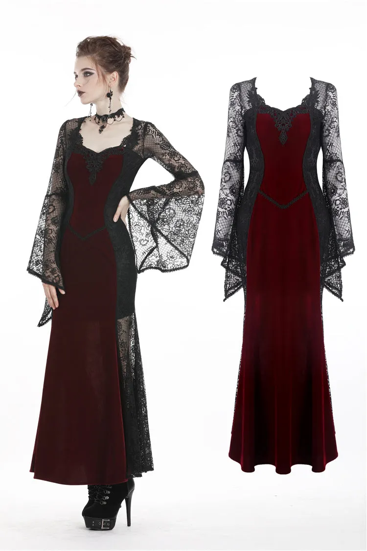 Gothic elegant red velvet lace long dress DW286