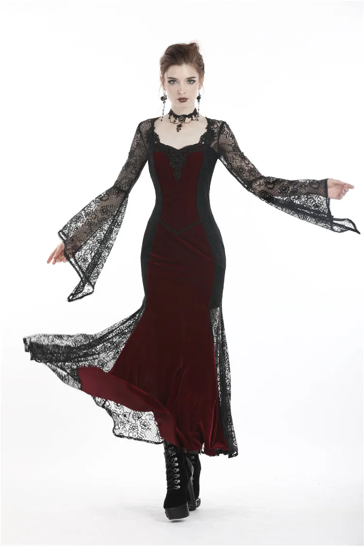 Gothic elegant red velvet lace long dress DW286