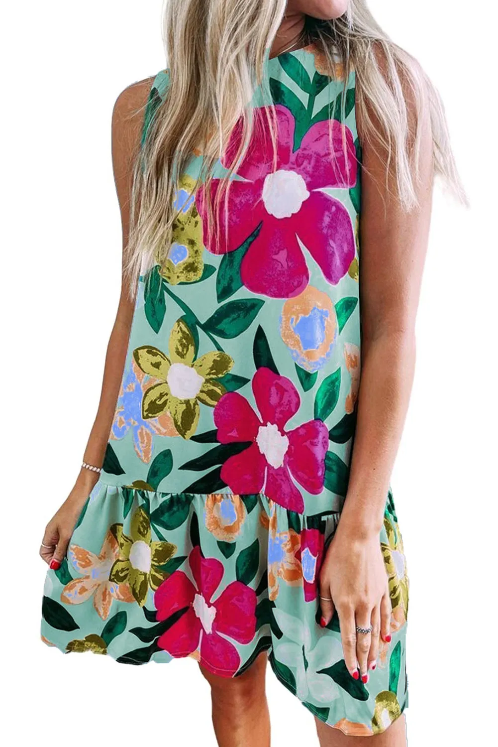 Green Floral Print Sleeveless Ruffle Hem Mini Dress