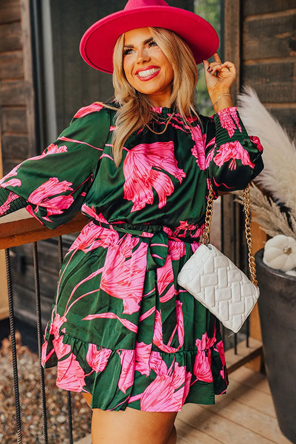 Green Plus Size Shirred Bracelet Sleeve Ruffled Floral Dress