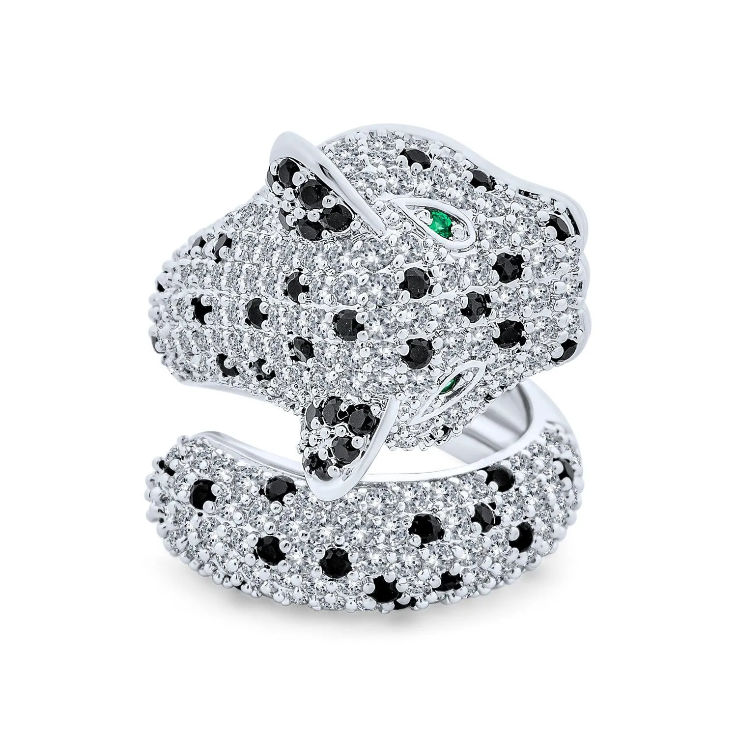 Green Red Eye Black White CZ Leopard Panther Cat Ring Silver Plated