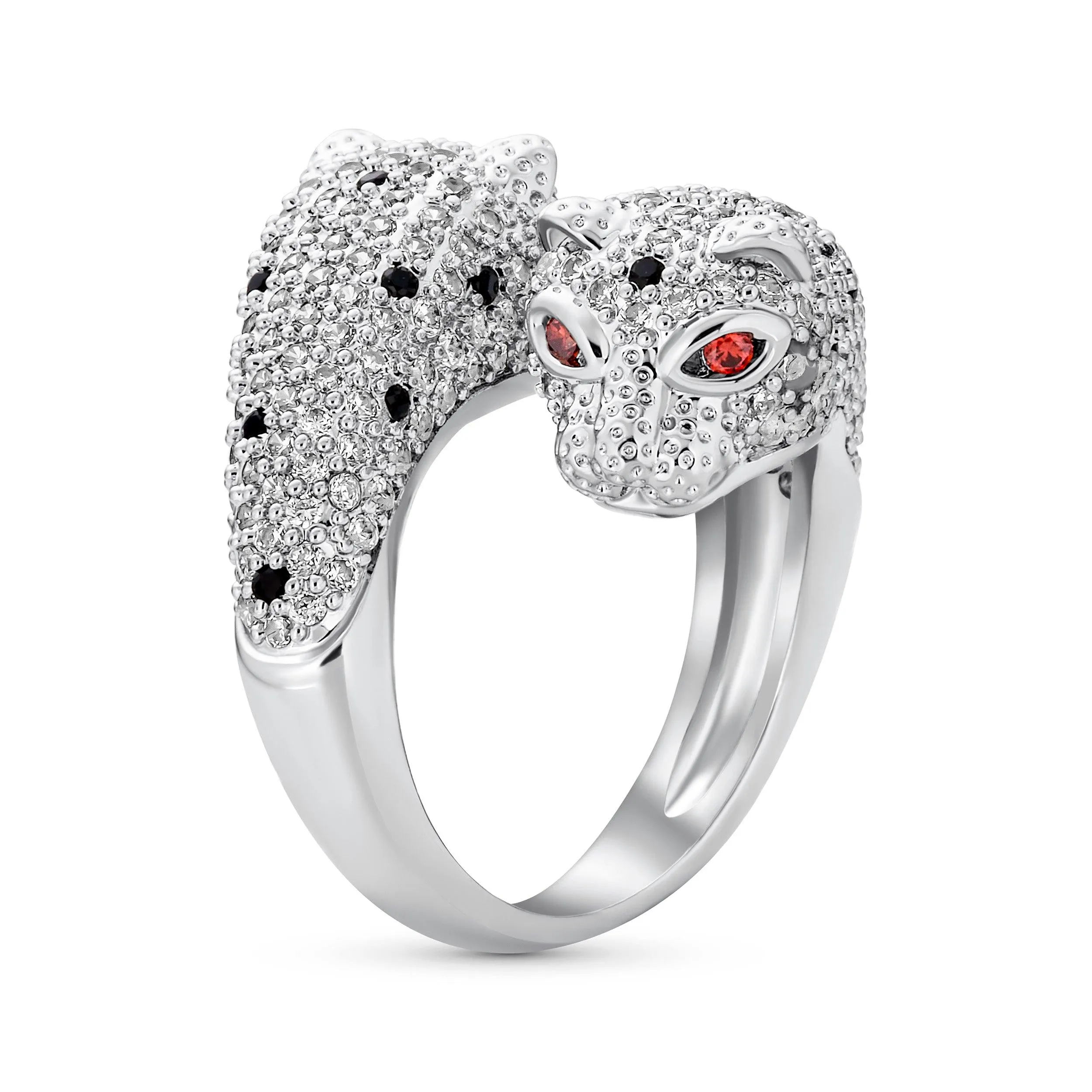 Green Red Eye Black White CZ Leopard Panther Cat Ring Silver Plated