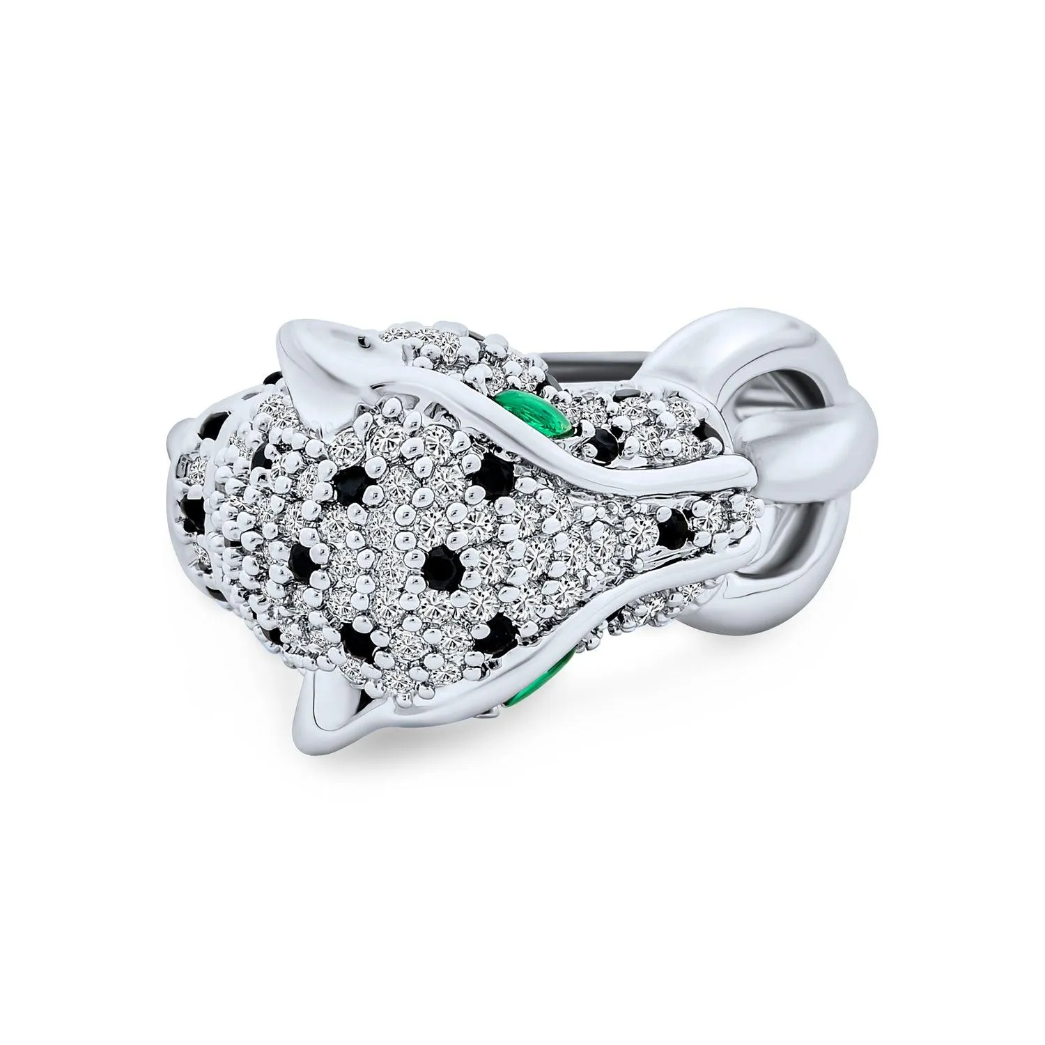 Green Red Eye Black White CZ Leopard Panther Cat Ring Silver Plated