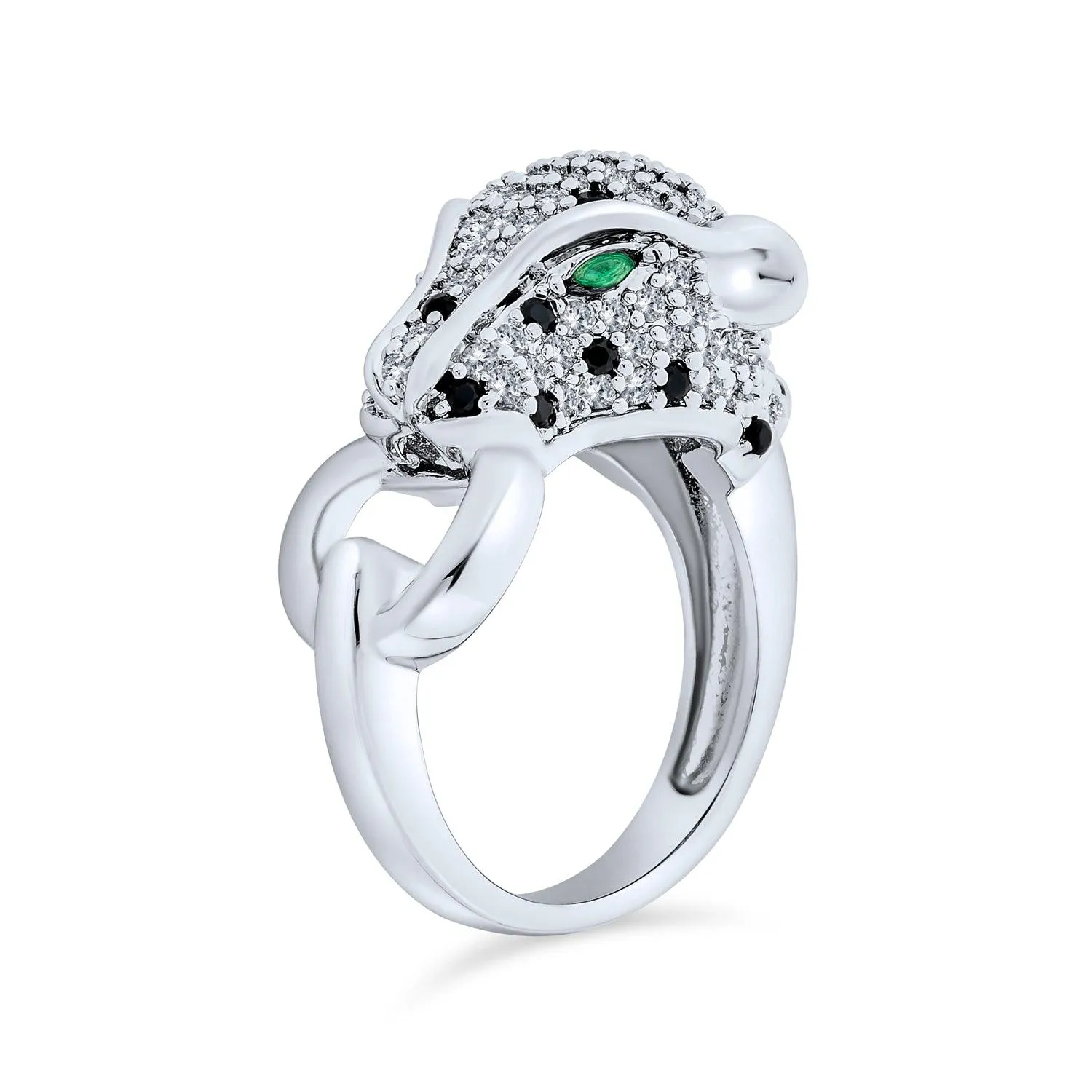 Green Red Eye Black White CZ Leopard Panther Cat Ring Silver Plated