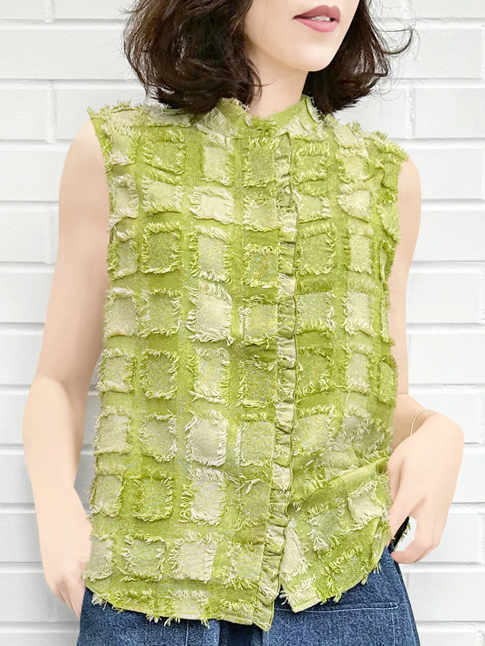 Green Tweed Knit Tassel Check Sleeveless Blouse