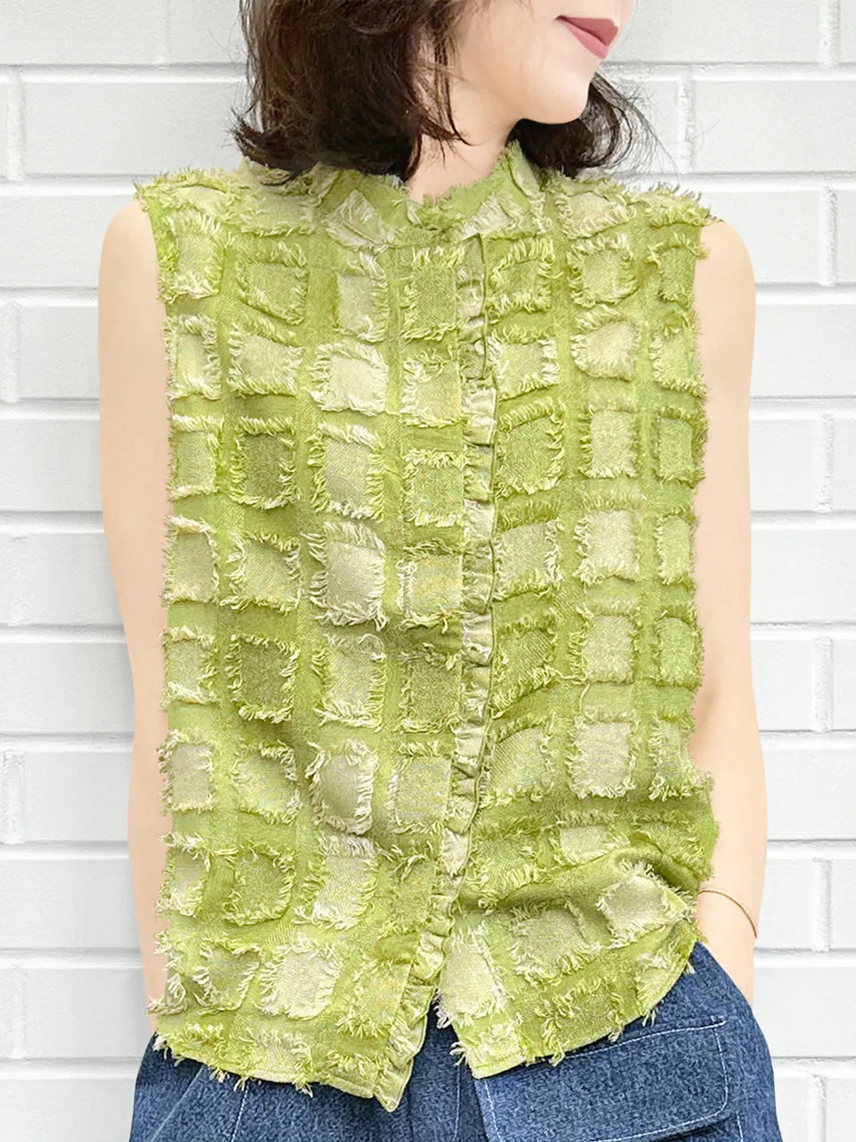 Green Tweed Knit Tassel Check Sleeveless Blouse