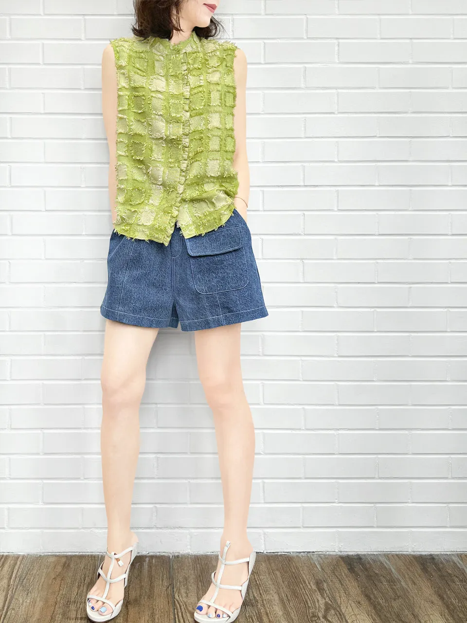 Green Tweed Knit Tassel Check Sleeveless Blouse