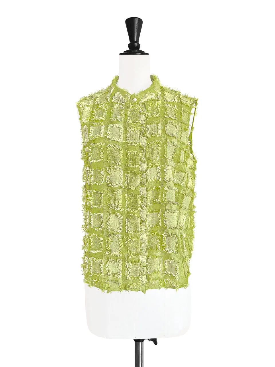 Green Tweed Knit Tassel Check Sleeveless Blouse