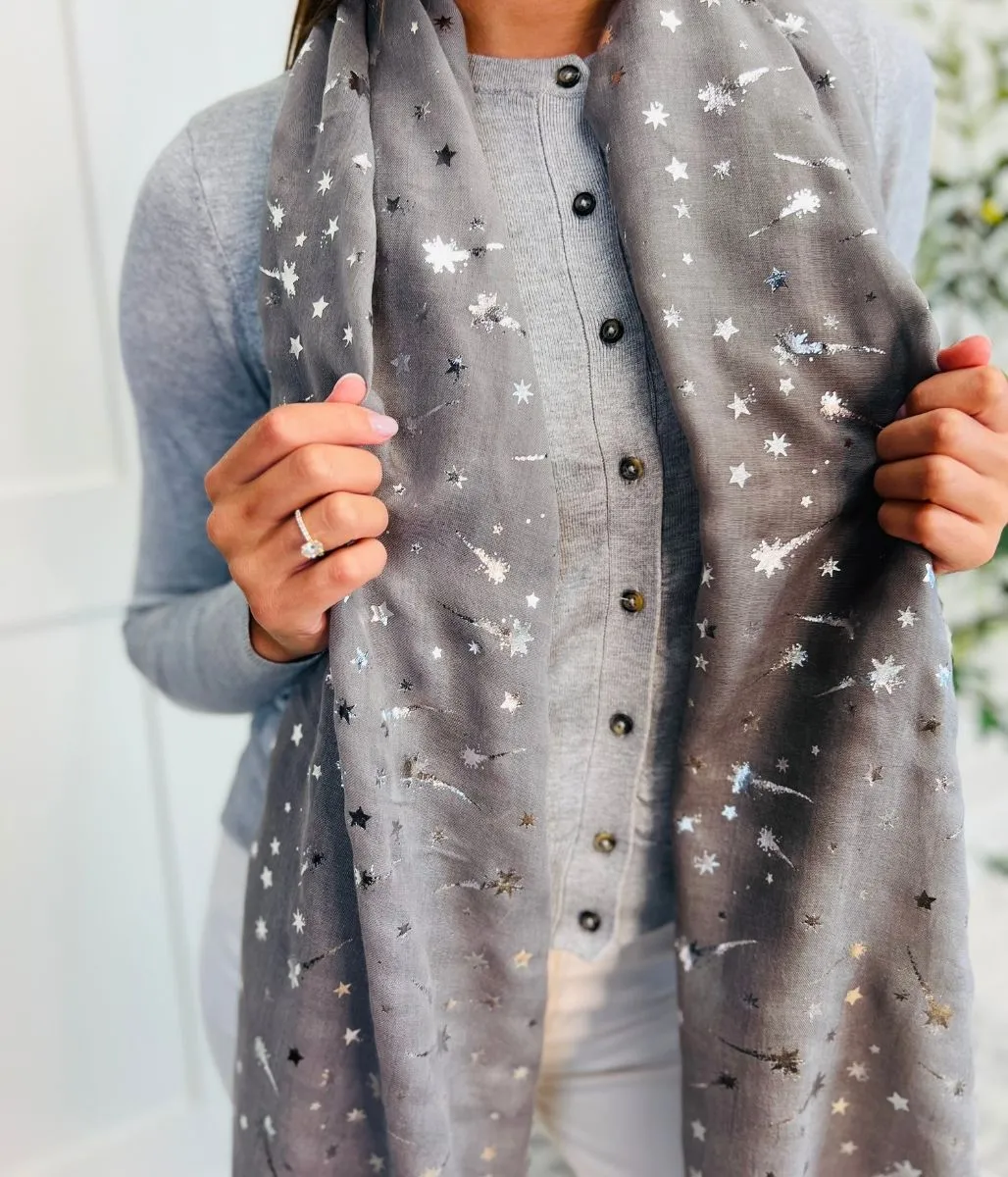 Grey Foil Shooting Stars Print Scarf