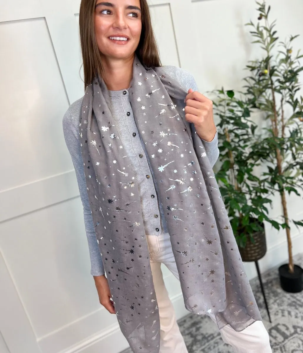 Grey Foil Shooting Stars Print Scarf