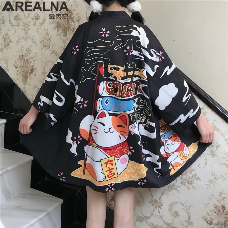 Haori Hombre Anime Kimono Women Summer Lucky Cat Cardigan Blouse Japanese Traditional Beach Sunscreen Yukata with Belt Surblouse