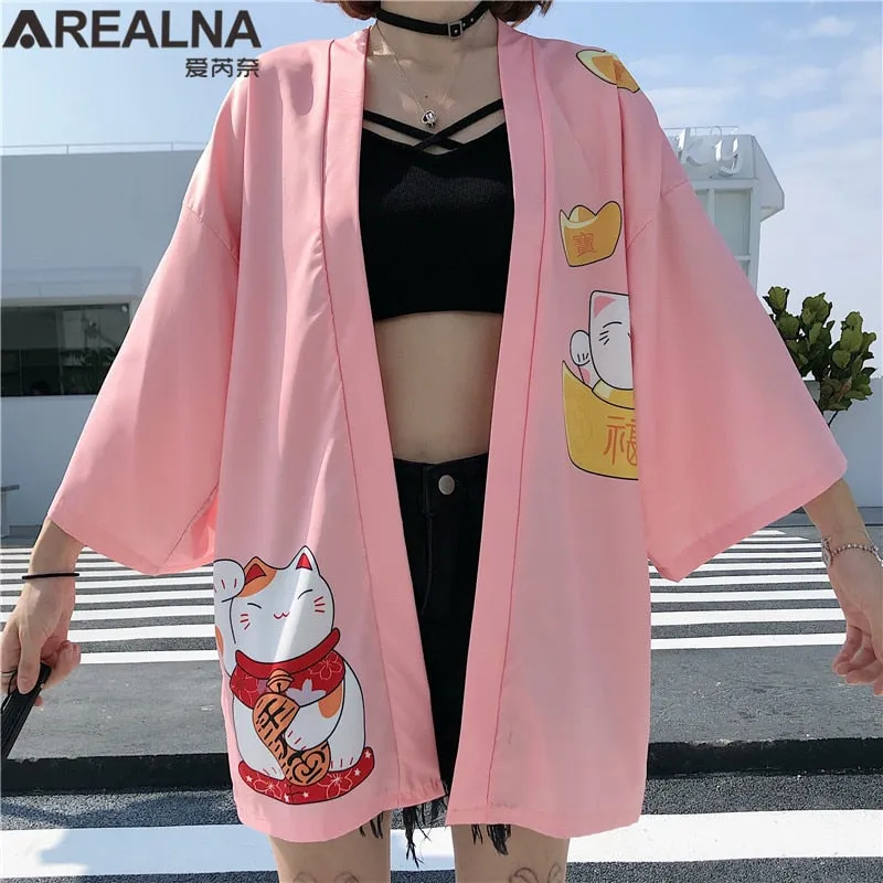 Haori Hombre Anime Kimono Women Summer Lucky Cat Cardigan Blouse Japanese Traditional Beach Sunscreen Yukata with Belt Surblouse