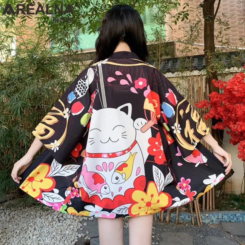 Haori Hombre Anime Kimono Women Summer Lucky Cat Cardigan Blouse Japanese Traditional Beach Sunscreen Yukata with Belt Surblouse