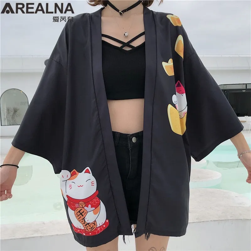 Haori Hombre Anime Kimono Women Summer Lucky Cat Cardigan Blouse Japanese Traditional Beach Sunscreen Yukata with Belt Surblouse