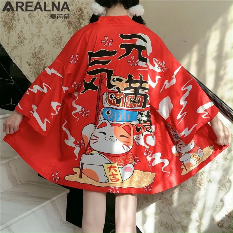 Haori Hombre Anime Kimono Women Summer Lucky Cat Cardigan Blouse Japanese Traditional Beach Sunscreen Yukata with Belt Surblouse