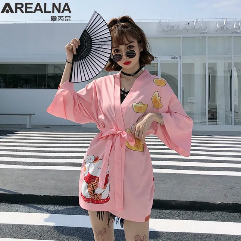 Haori Hombre Anime Kimono Women Summer Lucky Cat Cardigan Blouse Japanese Traditional Beach Sunscreen Yukata with Belt Surblouse