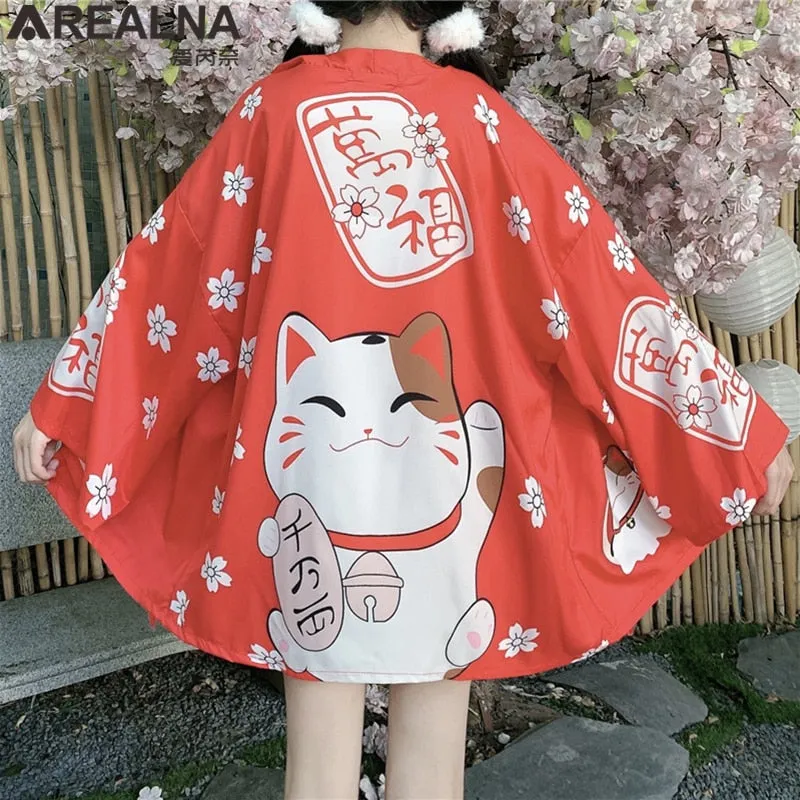 Haori Hombre Anime Kimono Women Summer Lucky Cat Cardigan Blouse Japanese Traditional Beach Sunscreen Yukata with Belt Surblouse