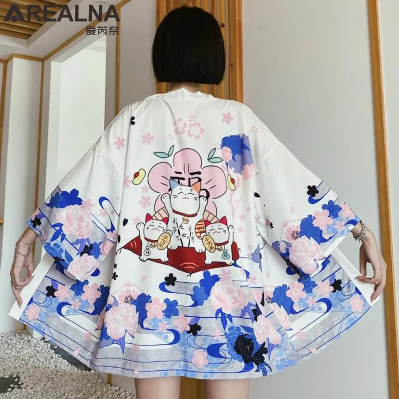 Haori Hombre Anime Kimono Women Summer Lucky Cat Cardigan Blouse Japanese Traditional Beach Sunscreen Yukata with Belt Surblouse