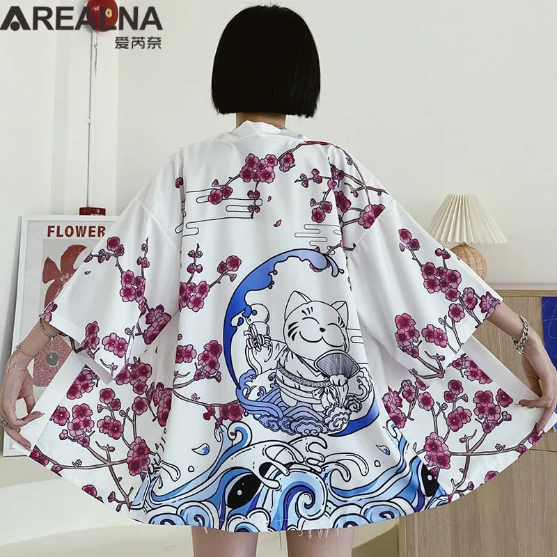 Haori Hombre Anime Kimono Women Summer Lucky Cat Cardigan Blouse Japanese Traditional Beach Sunscreen Yukata with Belt Surblouse