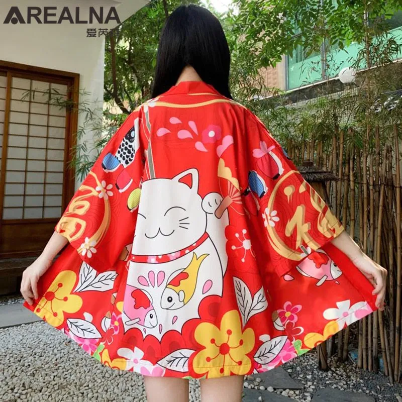 Haori Hombre Anime Kimono Women Summer Lucky Cat Cardigan Blouse Japanese Traditional Beach Sunscreen Yukata with Belt Surblouse