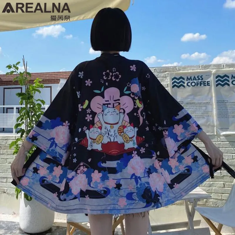 Haori Hombre Anime Kimono Women Summer Lucky Cat Cardigan Blouse Japanese Traditional Beach Sunscreen Yukata with Belt Surblouse