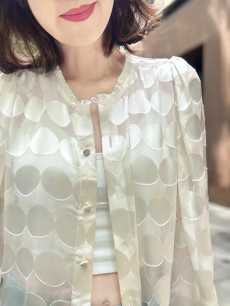 Ivory Dot Ruffle Collar Balloon Sleeve Silky Blouse