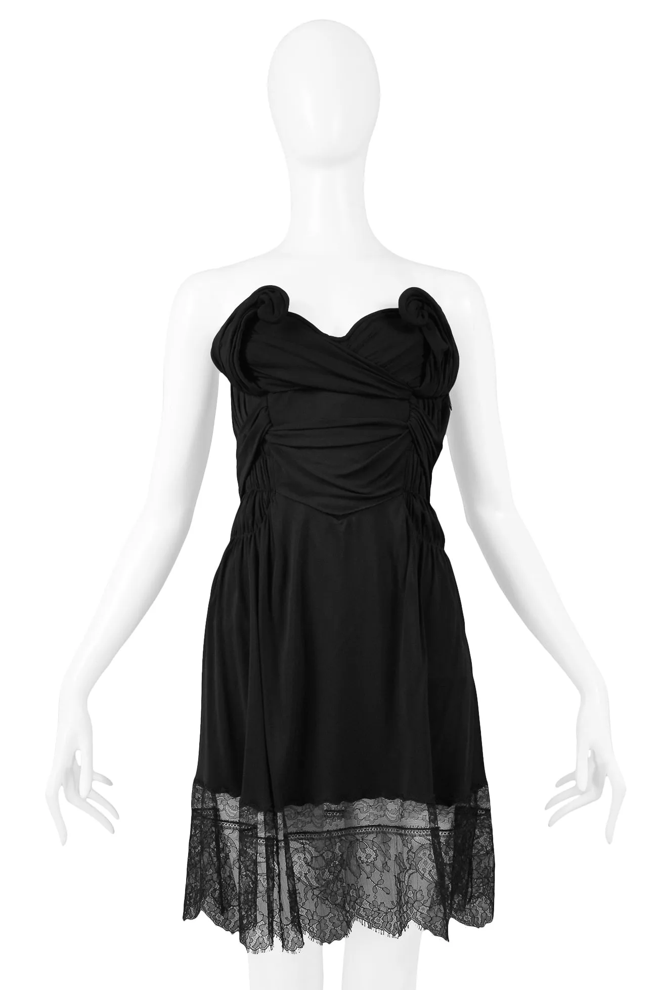 JOHN GALLIANO BLACK STRAPLESS TWIST DRESS WITH LACE TRIM AW 2010